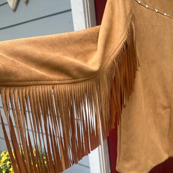 NWT Brown Faux Suede Western Fringe Boho Jacket, Lined, Studded Trim, Size XS - Picture 6 of 11